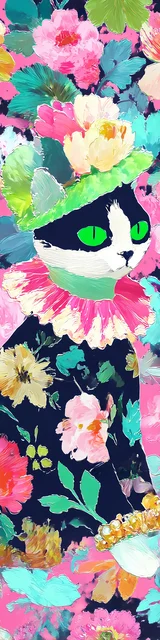 Cat bookmarks illustration of a cat in a bold floral dress